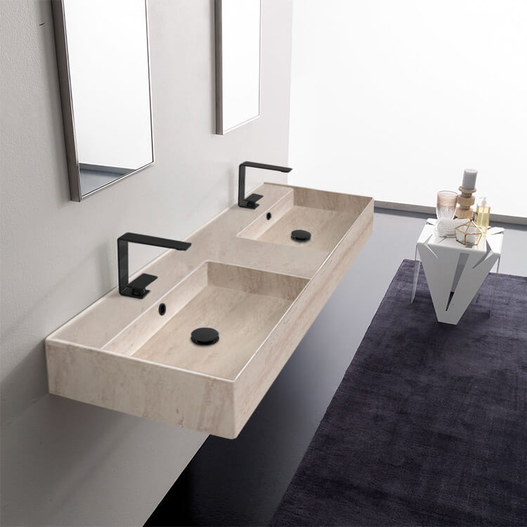 Scarabeo 5116-E-Two Hole Beige Travertine Design Ceramic Wall Mounted or Vessel Double Sink With Counter Space